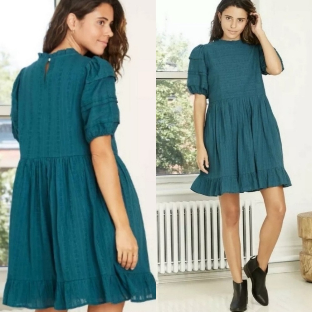 Teal Puff Sleeve Dress